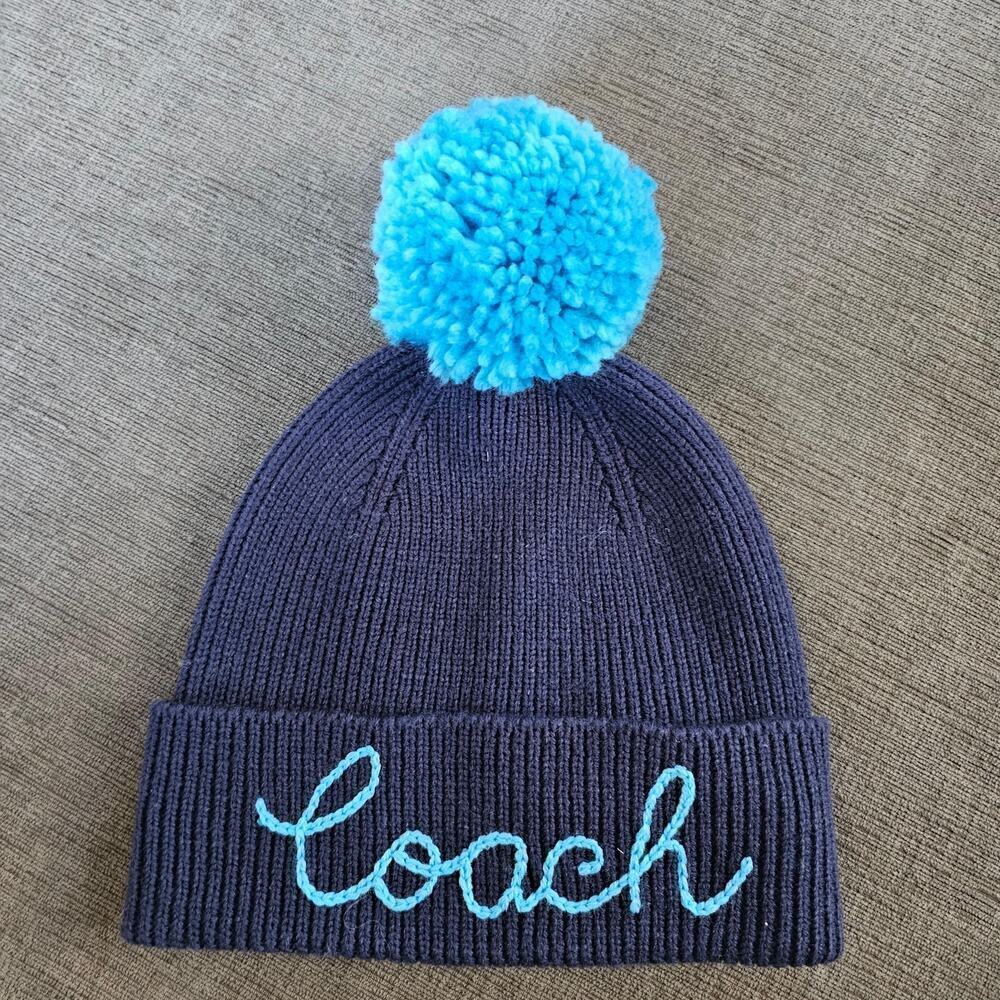 Coach Women's Deep Blue Embroidered Script Logo Knit Pompom Beanie Size One Size